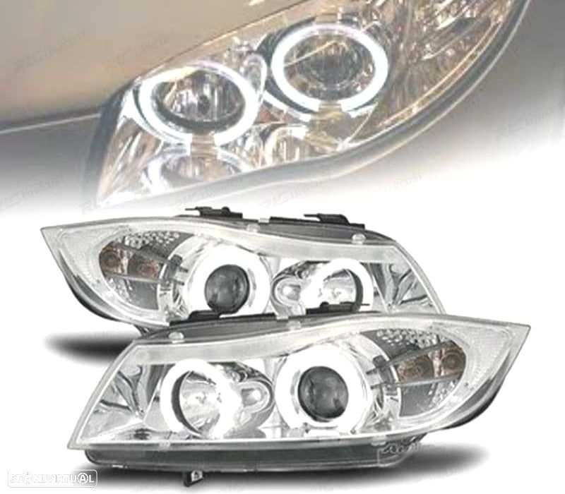 FARÓIS BMW E90 E91 05-08 ANGEL EYES FUNDO CROMADO - 1