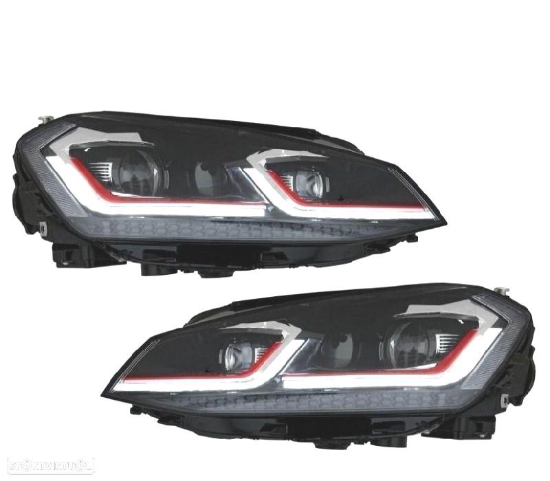 CONJUNTO FARÓIS VW GOLF 7 12-17 LOOK FACELIFT G7.5 GTI INDICADOR DINÂMICO PRETO COM BORDA VERMELHA - 1