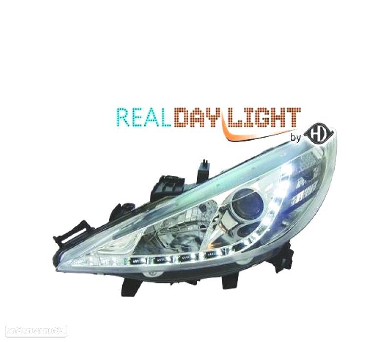 FARÓIS FRONTAIS PEUGEOT 207 06-12 DRL FUNDO CROMADO - 1