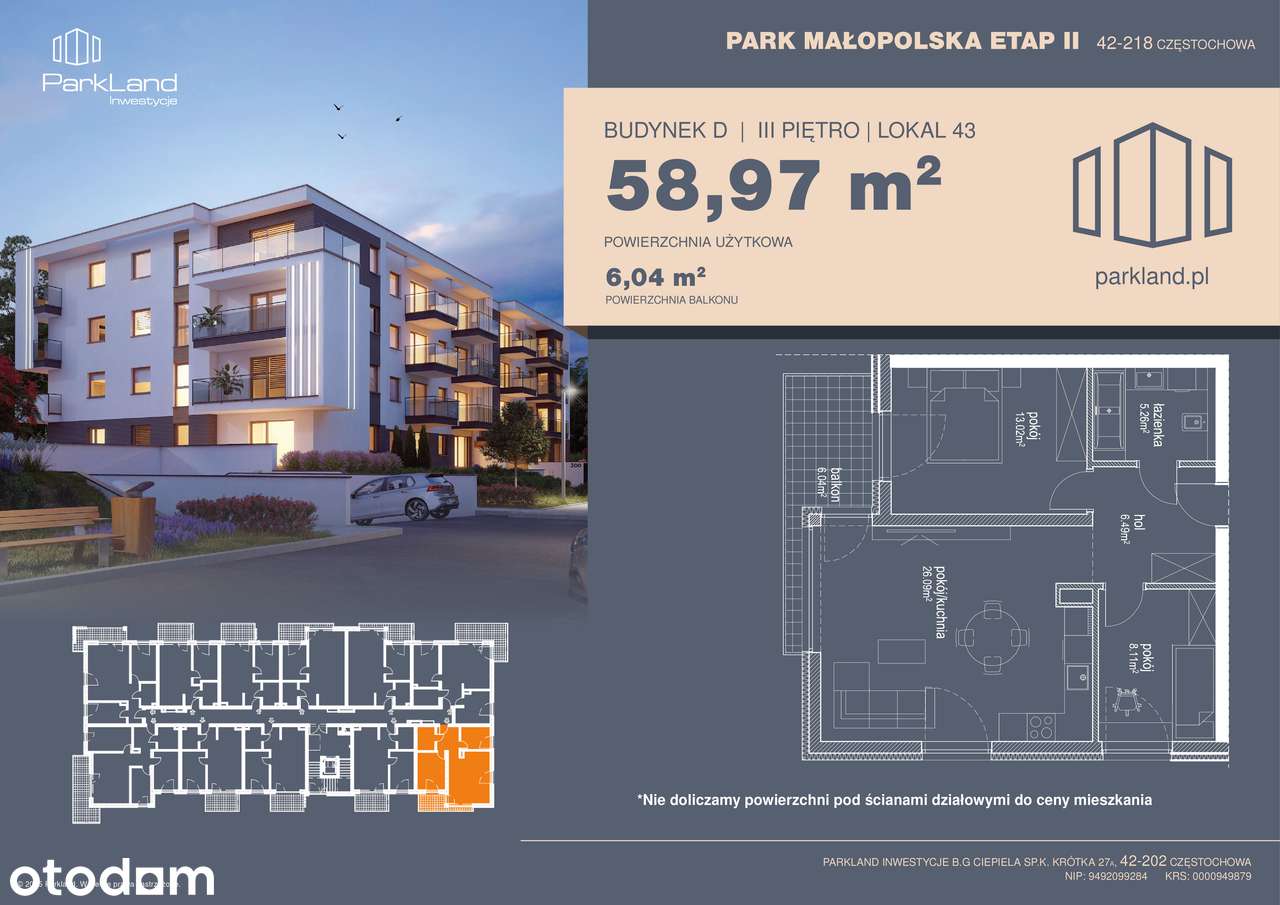 Mieszkanie D43 – 58,97 m² | 3 pokoje | piętro 3 | balkon