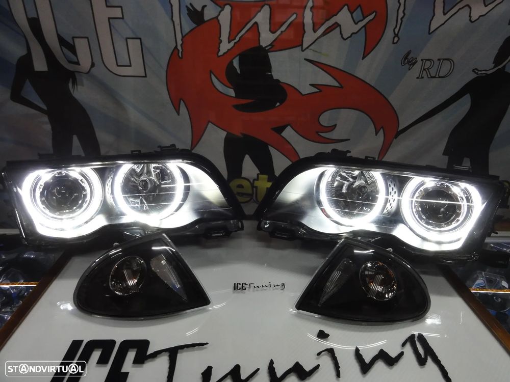 Faróis angel eyes com luz branca 5000k para BMW E46 4 portas / limosine 98-01 fundo preto com angel eyes em branco - 11