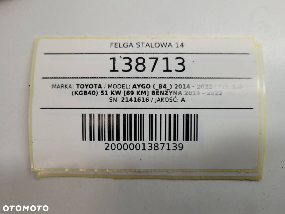 FELGA STALOWA 14 TOYOTA AYGO II 4,5JX14 ET35 4X100 2141616 - 10