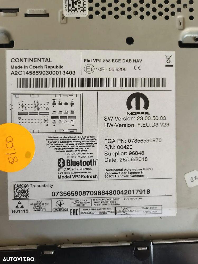 Navigatie Radio Fiat Doblo 2 cu Bluetooth 2018 cod 07356590870  96848 versiunea 23.00.50.03  23005003 - 2