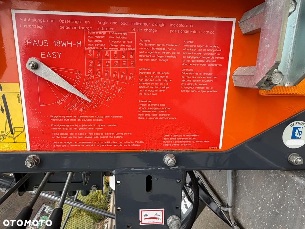 Paus Easy 18 WH-M Drabina Winda Dekarska mobilna aluminiowa TRANSPORTER DEKARSKO-BUDOWLANY w pełni Hydrauliczny 18 metrów. Obrotowy do okoła. 2018rok. Jak Nówka z salonu. praktycznie zerowy przebieg! Serwisy w Dekra do Końca. Sprowadzona z Komuny Norweskiej. Wielka Okazja. Sterowanie Hydrauliczne. Nowy model wózek jeździ od dołu dodatkowe ramię. Pojazd przyczepa lekka - 20