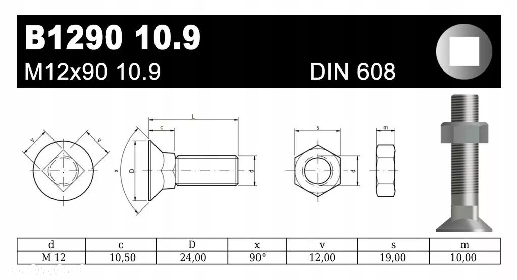 ŚRUBA PŁUŻNA B1290 M12x90 10.9 DIN608 - 2