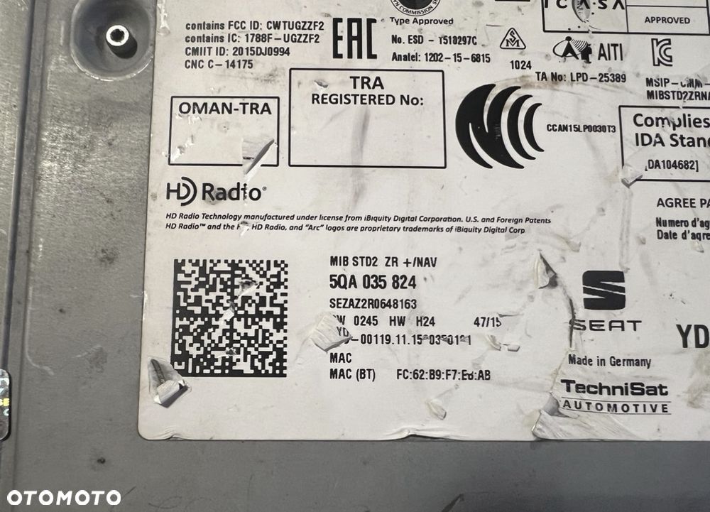 Jednostka MIB2 Seat ekran nawigacja radio usb 5F0919604 5QA035824 5Q0035724 - 5