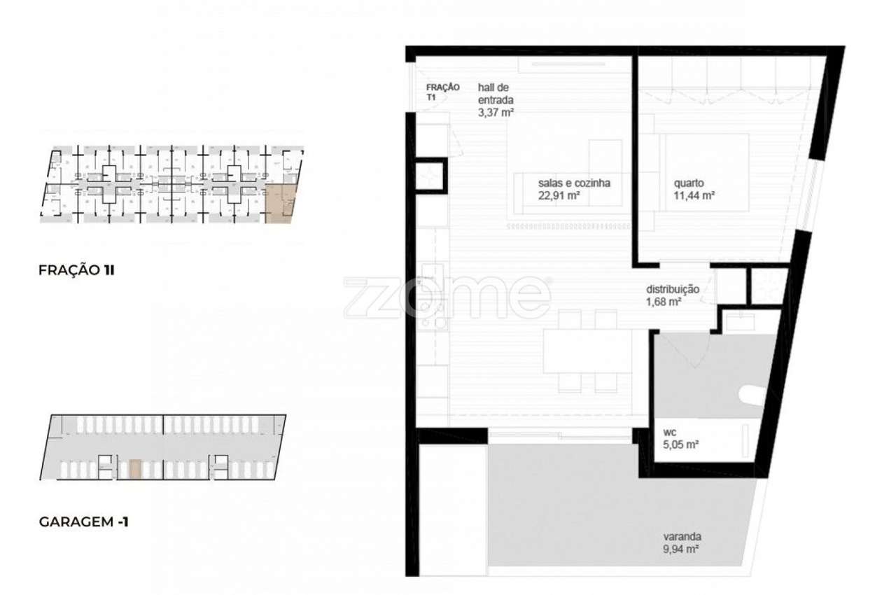Apartamento T1 (1I) localizado no piso 1, com área total de 80.6 m2. - Grande imagem: 2/23