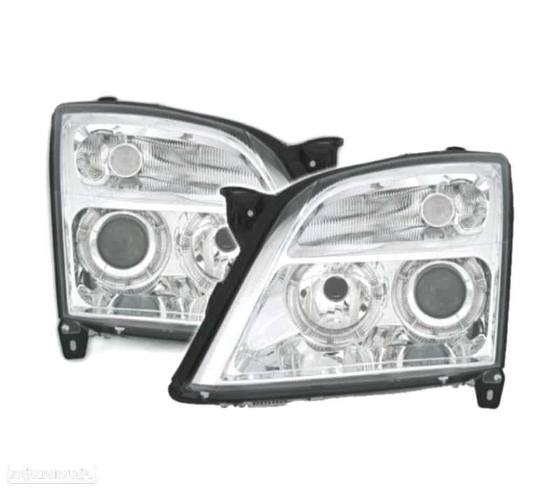 FARÓIS FRONTAIS ANGEL EYES PARA OPEL VECTRA C 02-05 E OPEL SIGNUM 03-05. FUNDO CROMADO - 1