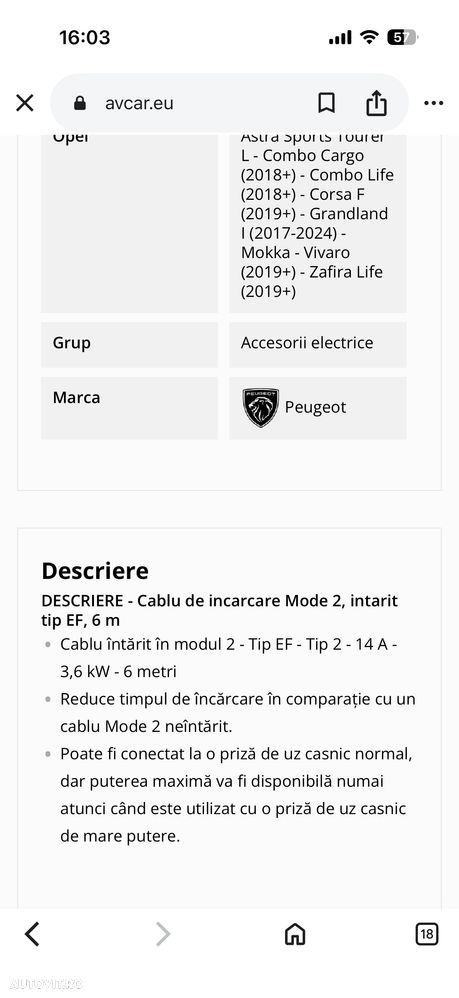 Cablu incarcare priza 220V 3,6 kw PEUGEOT, CITROEN, OPEL Electric an 2019-2025 original cod 9844469880 - 7