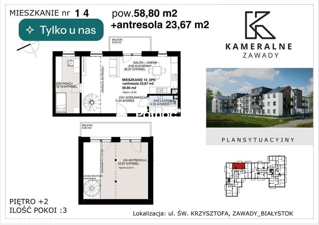 Kameralne Zawady - 58,80m2 + antresola 23,67m2