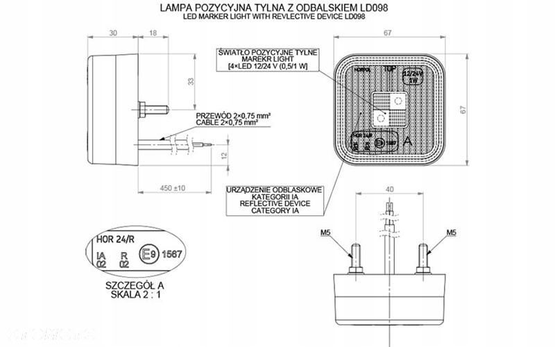 LAMPA OBRYSOWA LED KWADRATOWA Z ODBLASKIEM CZERWONA 12/24V UNIWERSALNA - 2