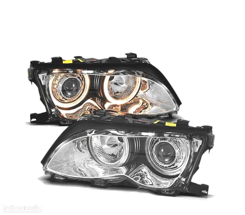 FARÓIS BMW E46 01-05 ANGEL EYES CHROME CROMADO - 1
