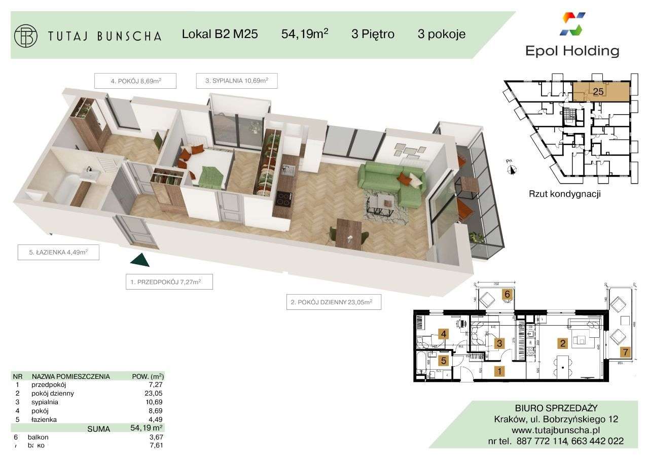 3-pokojowe mieszkanie 54 m2 + 2 balkony 3 i 7 m2, Bezpośrednio
