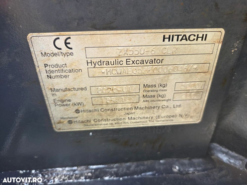 Hitachi ZX55, 5t, 2020, 2.189h, CUPLA RAPIDA HIDRAULICA+3 CUPE, senile cauciuc NOI, inst picon pe brate, inst rotire pe brate, LAMA NIVELARE, ad sapare 5m, latime 2m, ridica 3,2t, Aer cond, posibilitate leasing, STARE FOARTE BUNA-PROMOTIE 41.900 EUR+Tva - 19