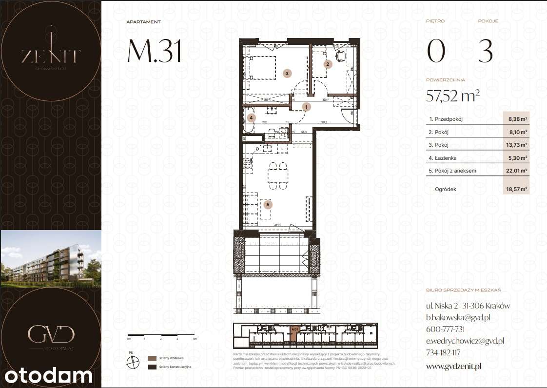 3 pokoje z ogródkiem | 57,52 m² | parter