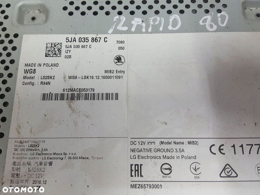 SKODA RAPID 12-17r RADIO CD RADIOODTWARZACZ 5JA035867C - 4