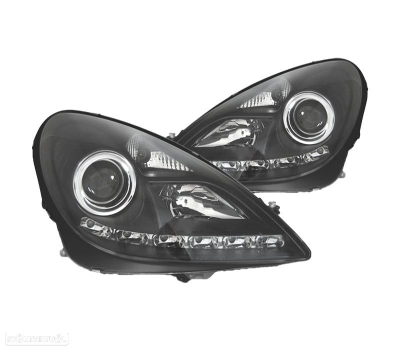 FARÓIS XENON MERCEDES CLASSE SLK R171 04-11 LUZ DIURNA LED FUNDO PRETO - 1