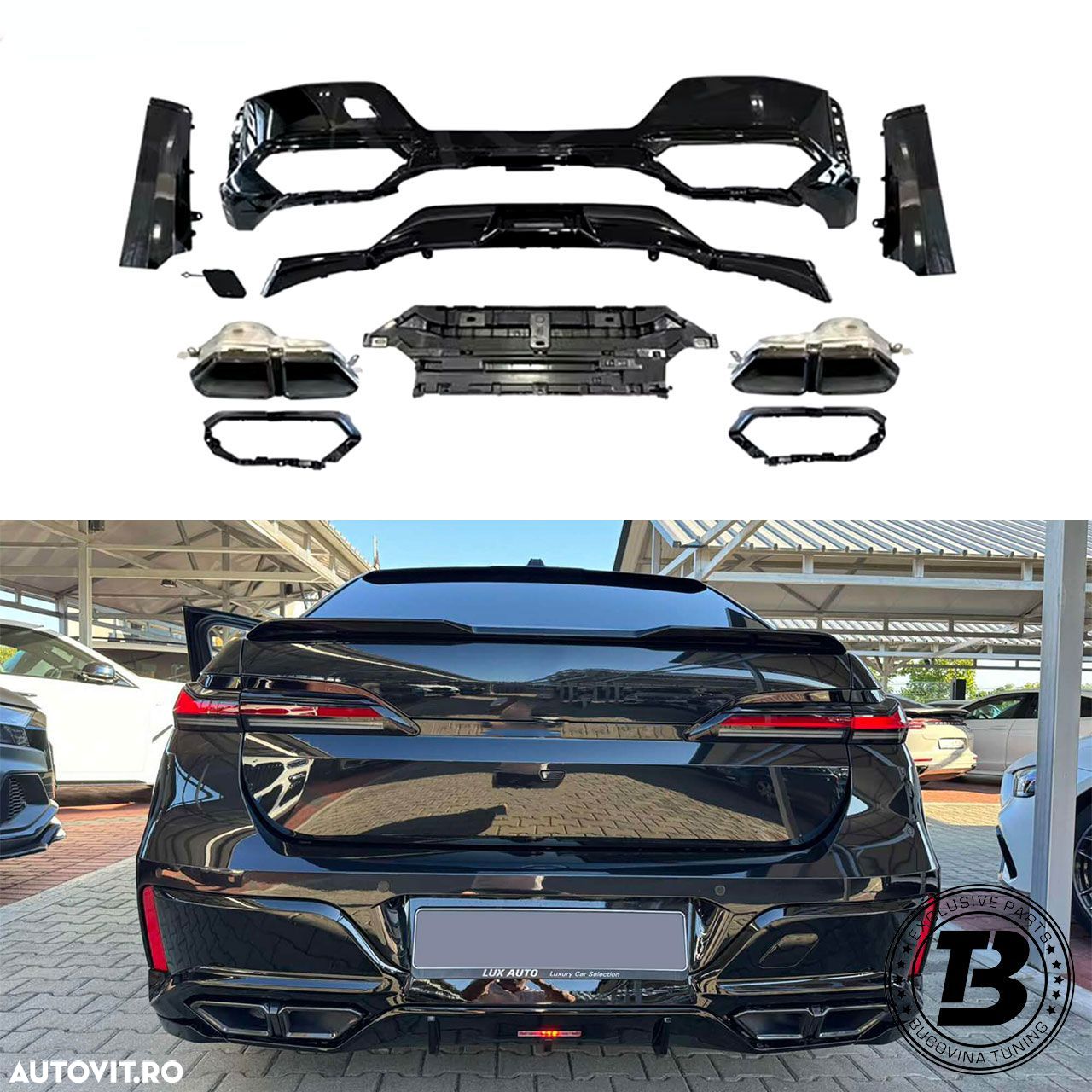 Difuzor Bara Spate Cu LED si Ornamente Evacuare compatibil cu BMW Seria 7 G70 M Design - 1