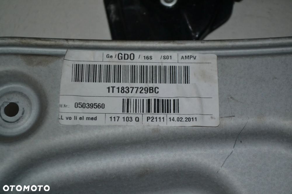 VW CADDY TOURAN 2010-2015 MECHANIZM OPUSZCZANIA SZYB EL PRZÓD PRZEDNI LEWY 1T1837729BC - 3