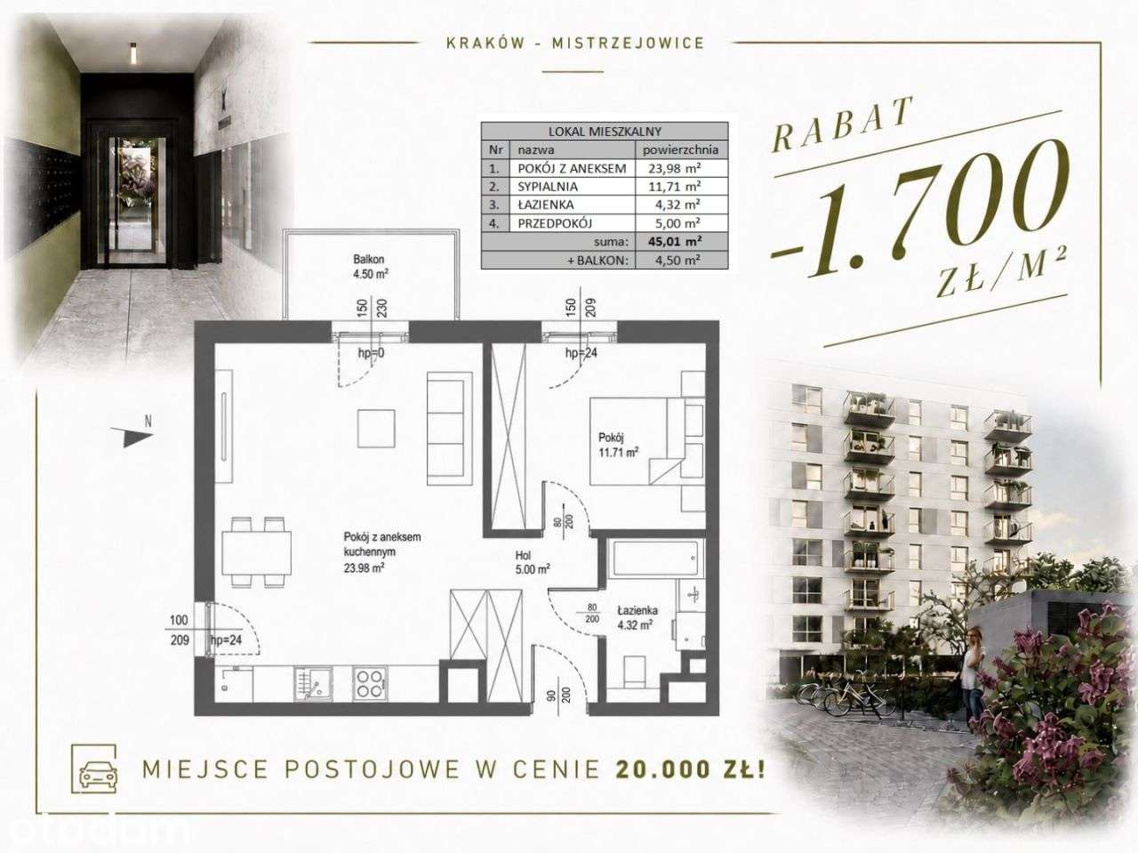 Rabat -1700zł/m² 2pok+kuchnia 45m² Balkon Mp 20tys