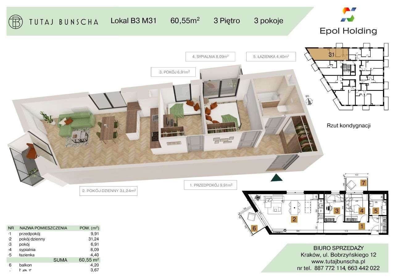 3-pokojowe mieszkanie 60 m2 + 2 balkony 4 i 3 m2 Bezpośrednio