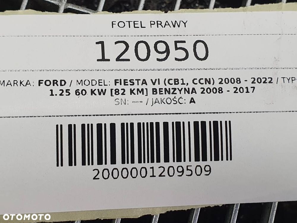 FOTEL PRZÓD PRZEDNI PRAWY PASAŻERA FORD FIESTA MK7 EUROPA - 10