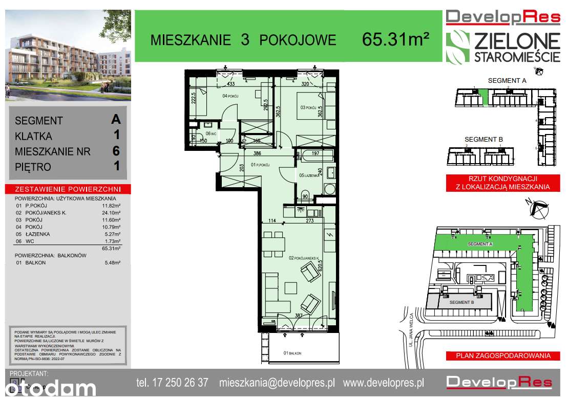3 pokoje, 65,31 m², z balkonem , 1 piętro , A-6