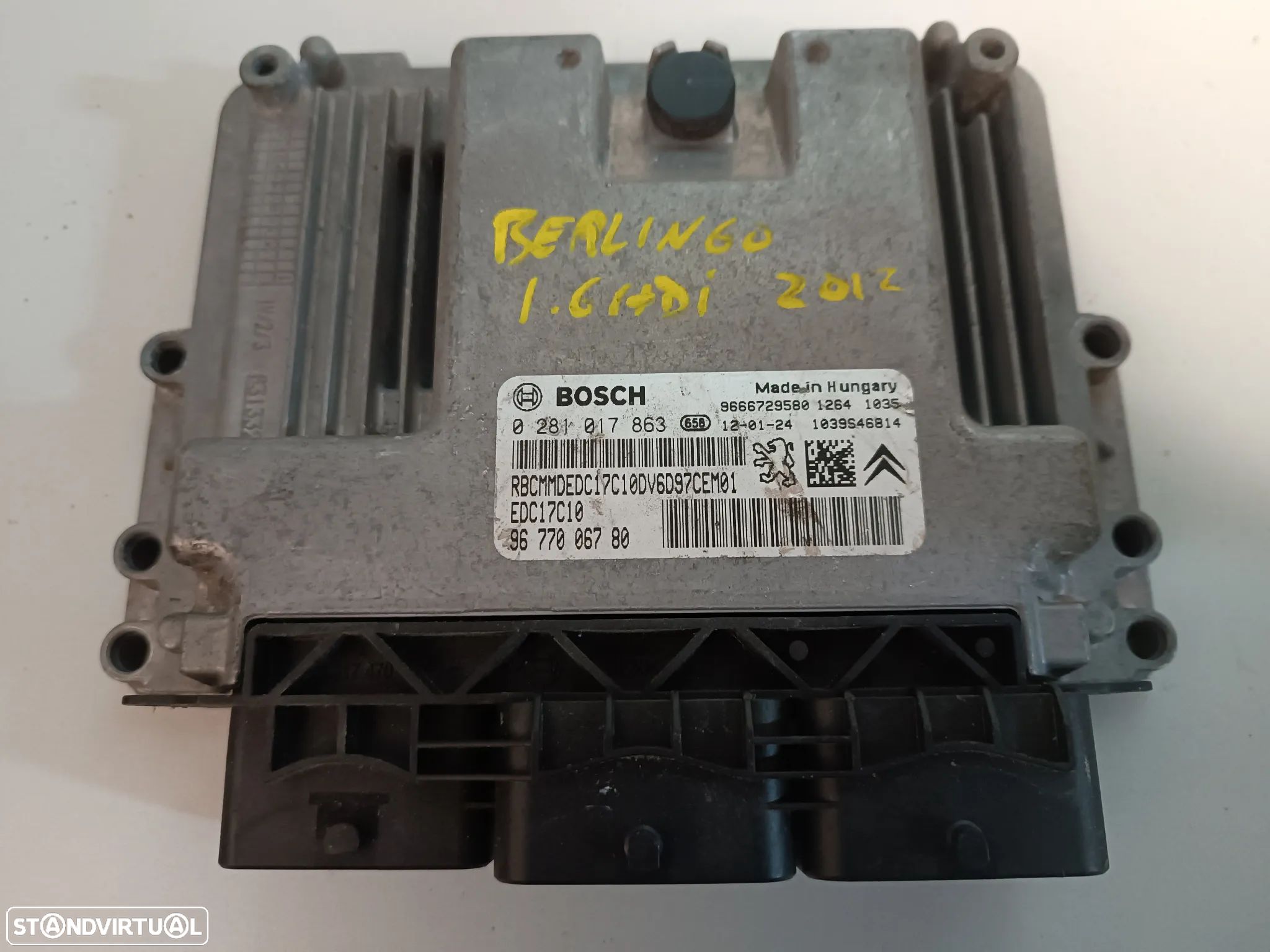 CENTRALINA DO MOTOR CITROEN BERLINGO B9 / PEUGEOT PARTNER 1.6HDI 0281017863 9677006780 EDC17C10 - 1