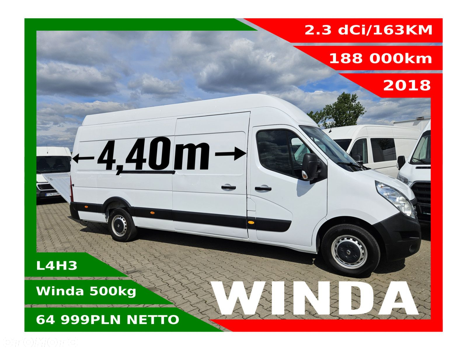Renault Master L4H3 Winda 500kg *64999zł NETTO* 2,3dCi/163KM - 2