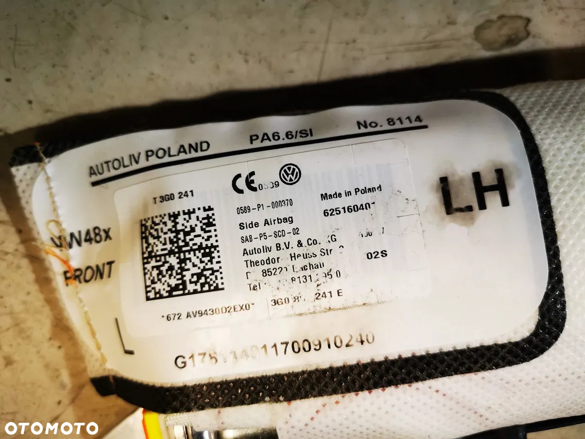 kurtyna powietrzna prawa lub lewa fotel Passat B8 skoda superb Oryginalna 3G0880742F - 8