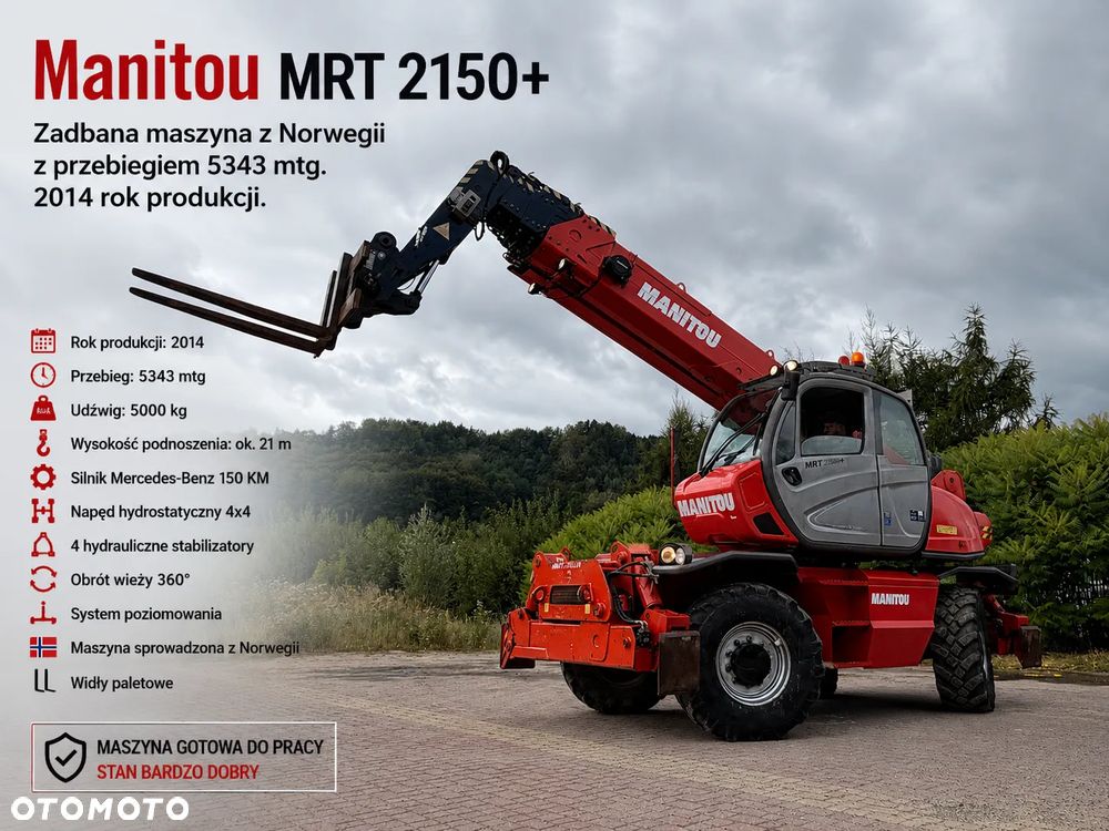 Manitou MRT2150+PRIVILEGE Ładowarka teleskopowa 4x4 ROTO 21metrów. 5 ton udźwig. Bez AdBLUE bez DPF. Maszyna jak Nowa z Norwegii 5300 mtg. 2015 rok. Obrót pełny. Zero luzów wycieków. Zadbana maszyna z Fermy Norweskiej. Silnik 160 Km. AUTEC zdalne sterowanie. Ani deka luzów czy wycieków. Opony jak Nowe. Pełny Oryginał. Niski przebieg. Stabilizatory. Zamki na tłokach. OKAZJA. Jest to model przystosowany do pracy z koszem. - 1