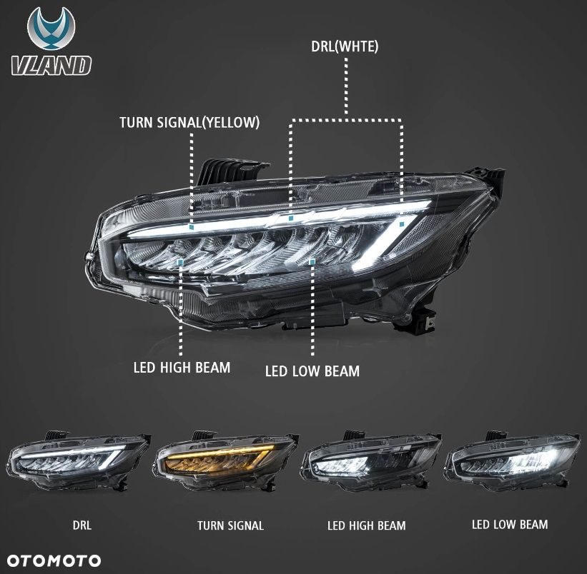 Reflektor Lampa kpl Vland Full Led Neon Tuning Honda Civic X 10 2016-2021 - 7