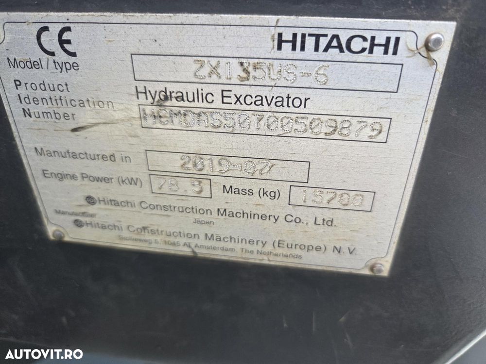 Hitachi ZX135US-6, 16t,2019, 3.736h, ROTIRE IN GABARIT, LAMA, 2 inst hidr pe brate, PADURI NOI, consum mediu 9,5l/h, Gresare automata, CUPLA RAPIDA +CUPE EXCARE+Cupa taluz, latime 2,5m, Camere spate si laterale, posibil leasing 3 ani, PROMOTIE 86.900 EUR+Tva - 14