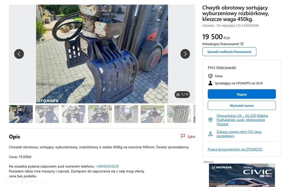 Arden S1201 na 2 siłownikach, chwytak hydrauliczny obrotowy sortujący wyburzeniowy kleszcze, waga 1220kg. - 4