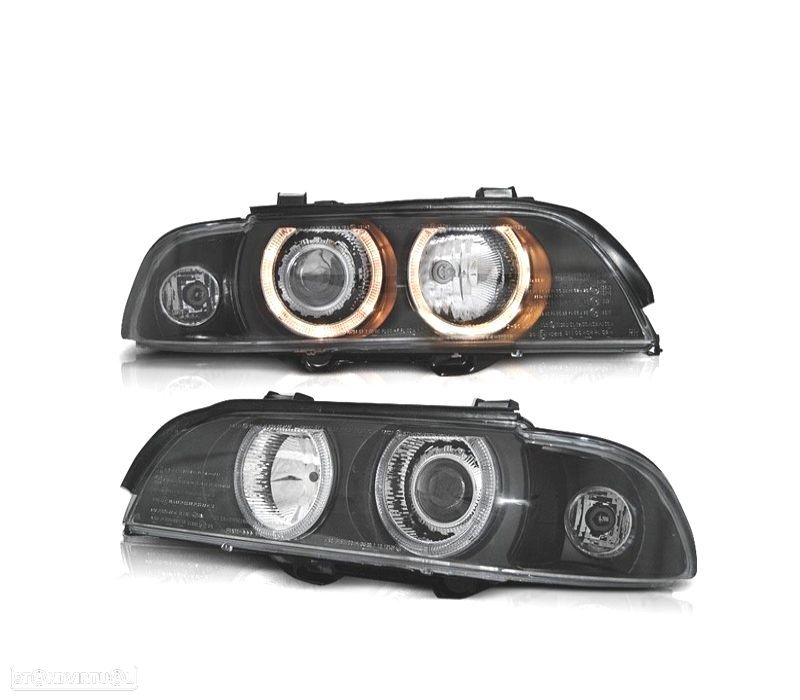 FARÓIS BMW SÉRIE 5 E39 95-00 OLHOS DE ANJO HALOGÉNEO FUNDO NEGRO - 1
