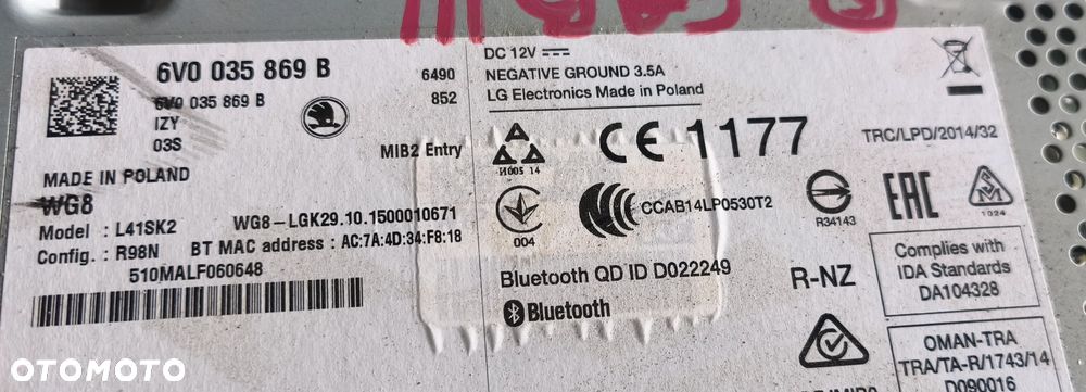 SKODA FABIA III 15r RADIO CD RADIOODTWARZACZ 6V0035869B - 2