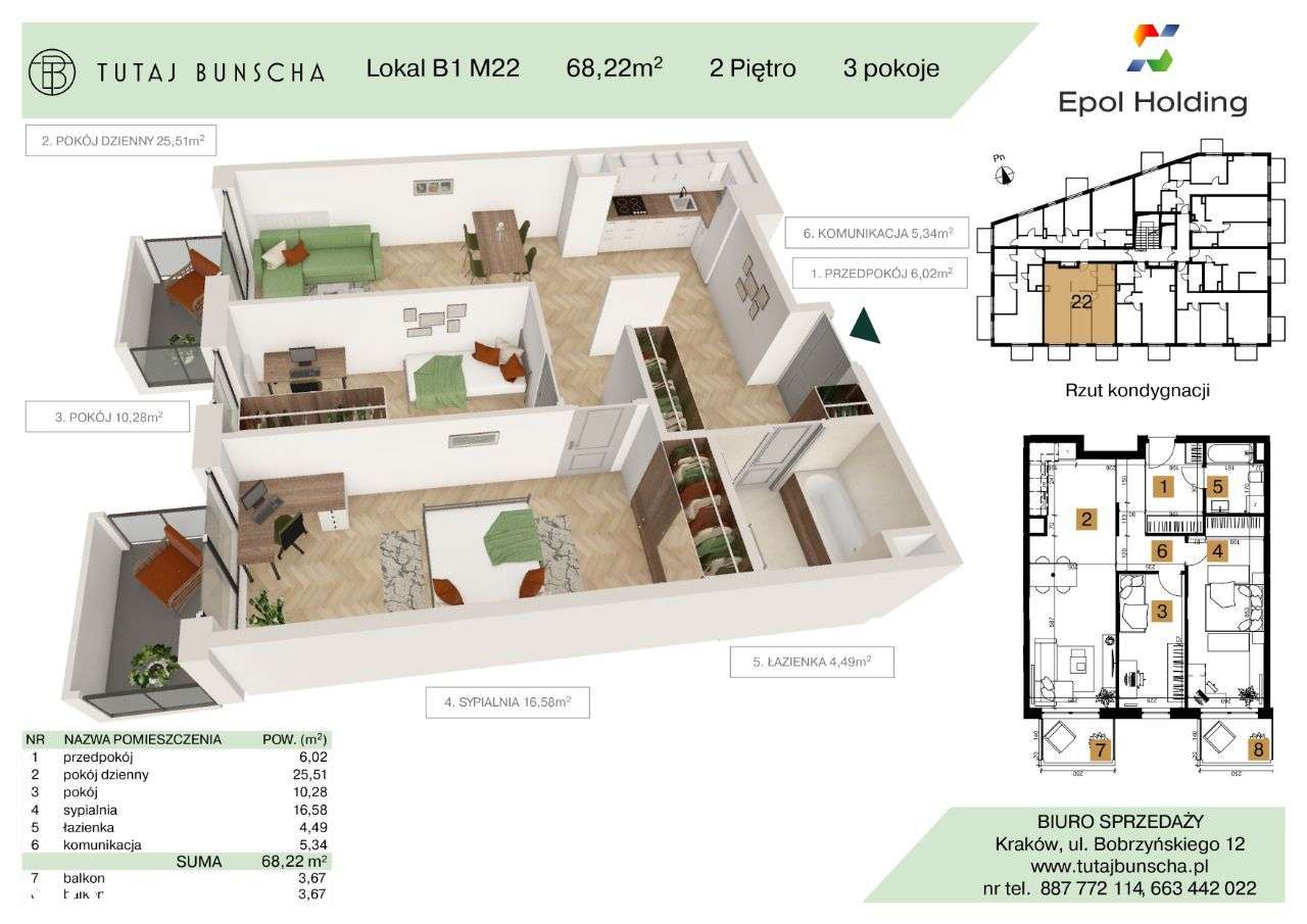 3-pokojowe mieszkanie 68 m2 + 2 balkony, Bezpośrednio