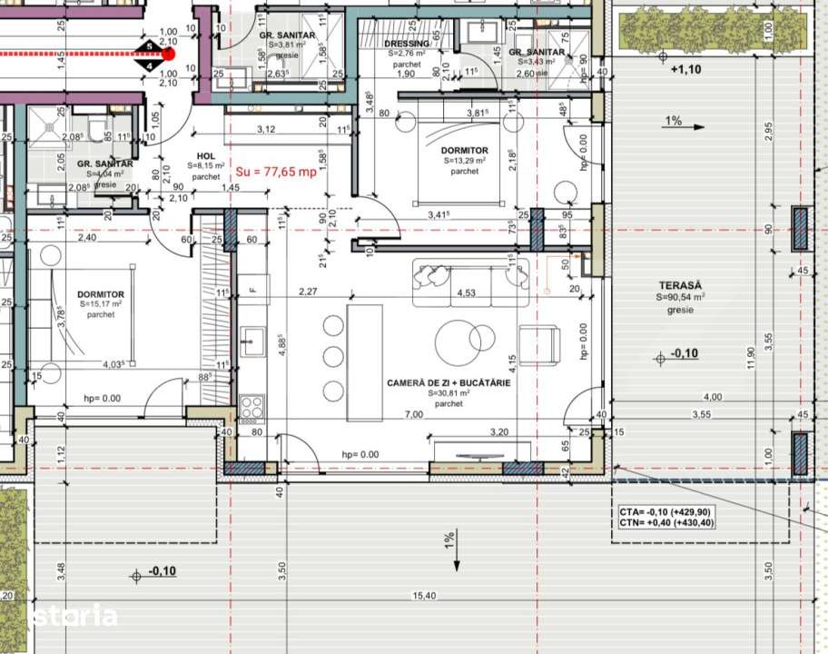 Apartament cu 3 camere, terasa 90 mp, comision 0, cartier Terra, zona — fotografia 1