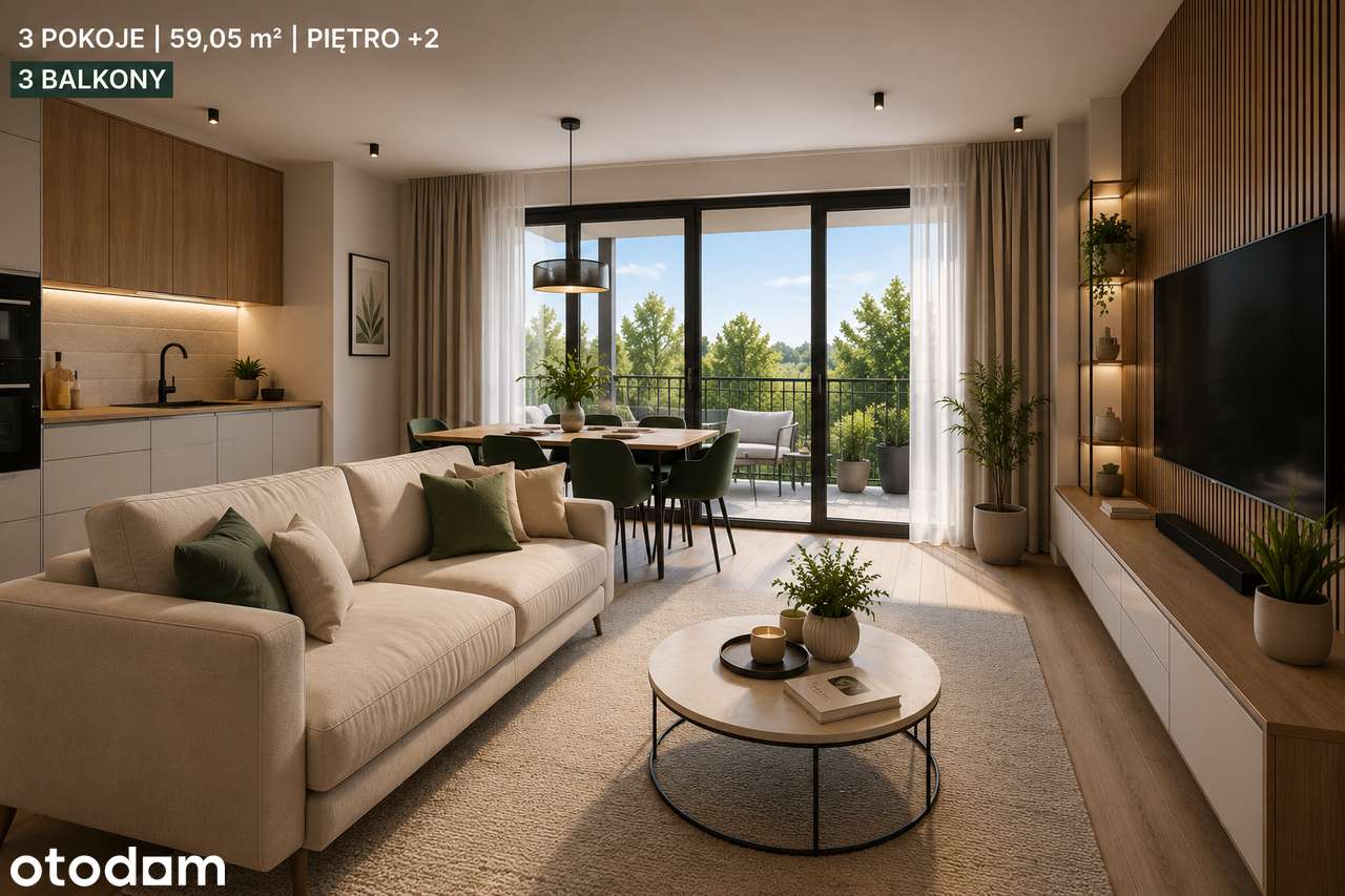 Mieszkanie 3-pokojowe z dwoma balkonami | 59,05 m² | Pruszków