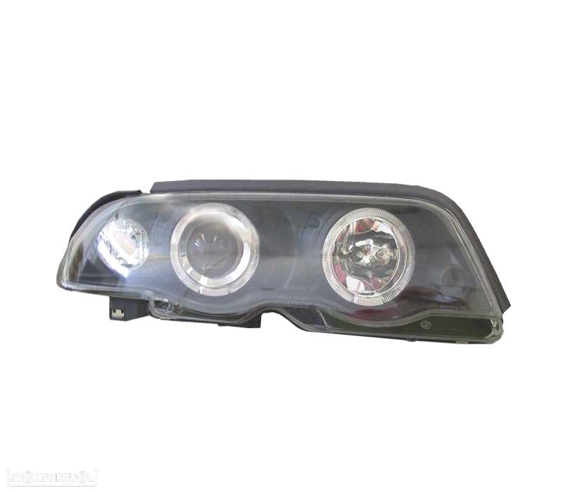 FARÓIS FRONTAIS BMW E46 4P 98-01 ANGEL EYES FUNDO PRETO - 3
