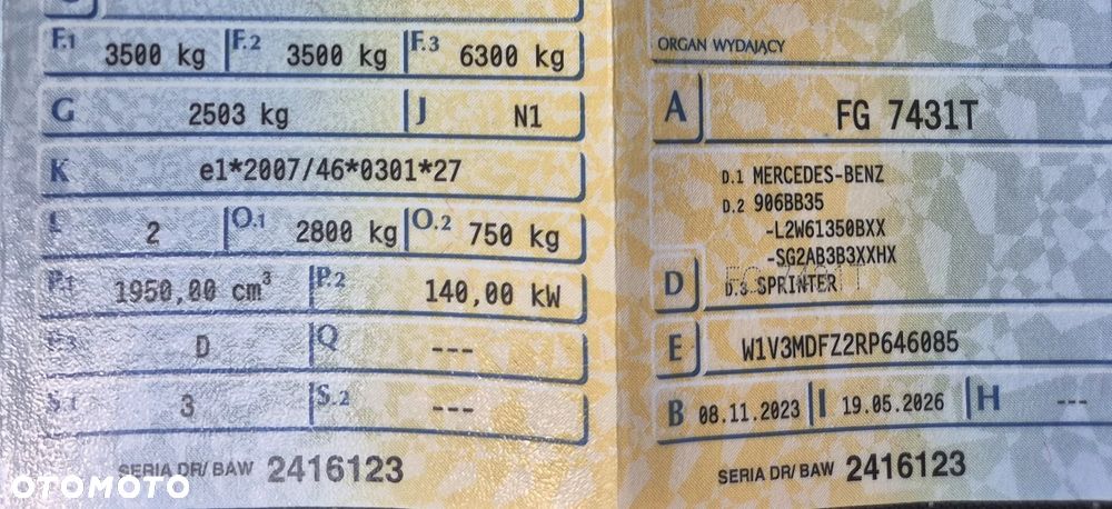 Mercedes-Benz Sprinter 319 CDI 190 KM 9G-Tronic, Automat, Model 907, Salon polska, Furgon Blaszak, Ekstra Długi  4800 mm L4H2, Wzmocnione zawieszenie, Zbiornik 230l alu (z atestem), Webasto, Kabina sypialniana, Po przeglądzie B+ jeszcze jeden w cenie, Dostępny od Października, FV - 18