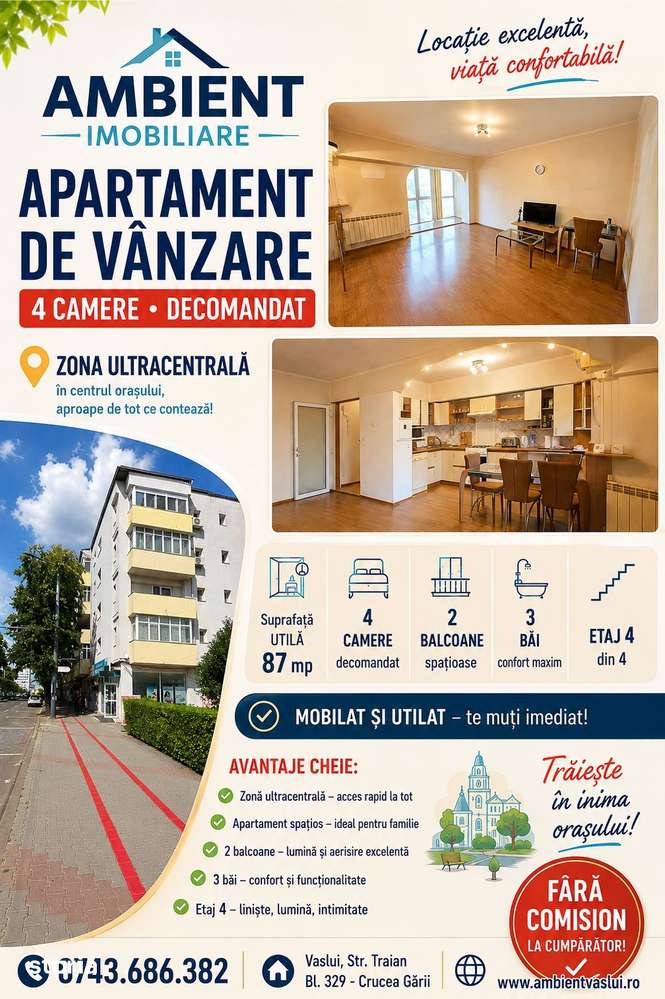Apartament cu 4 camere, mobilat și utilat, VASLUI - zona ULTRACENTRAL — fotografia 1