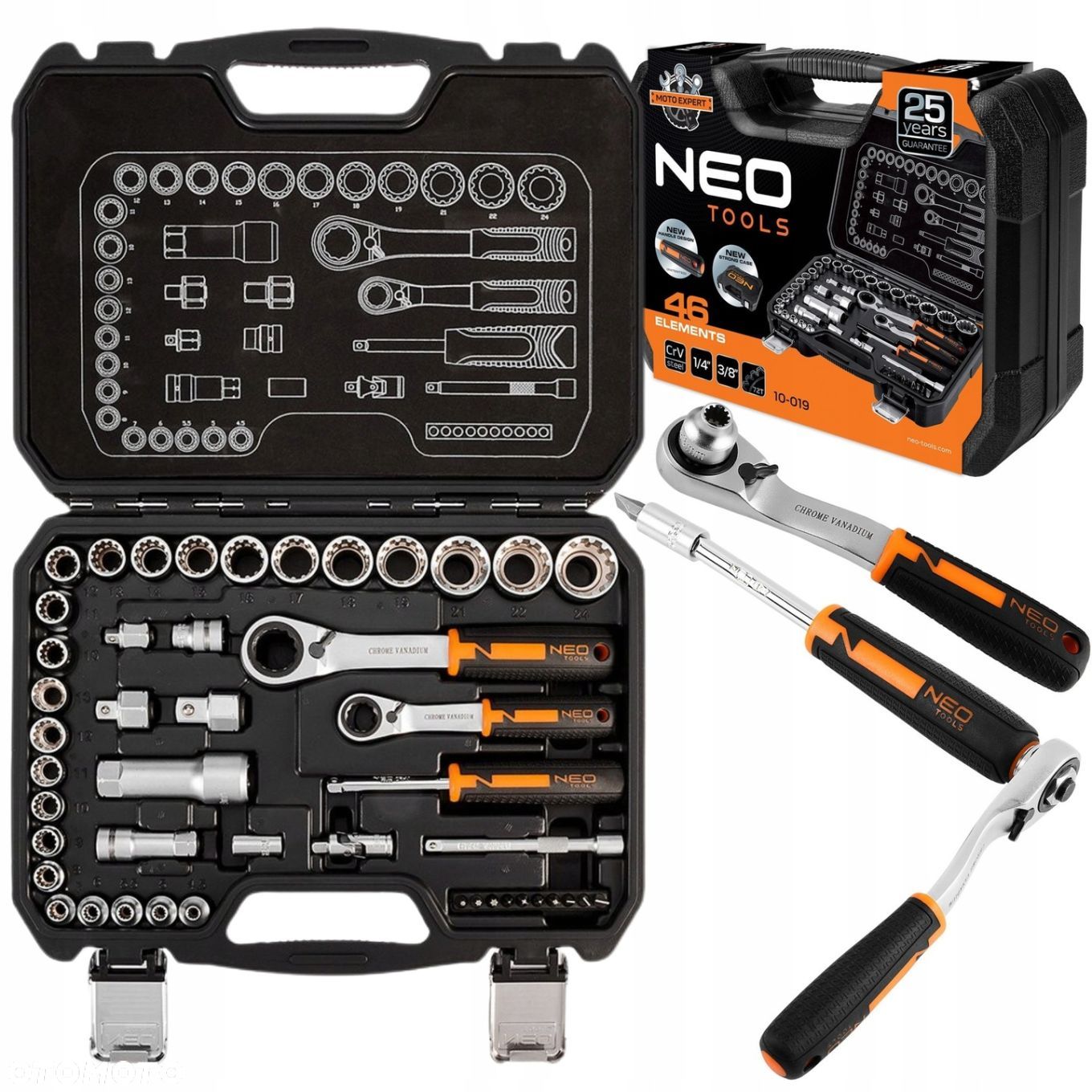 NEO ZESTAW NASADEK PRZELOTOWYCH 1/4"  3/8" 46 SZT KLUCZE NASADOWE 10-019 - 1