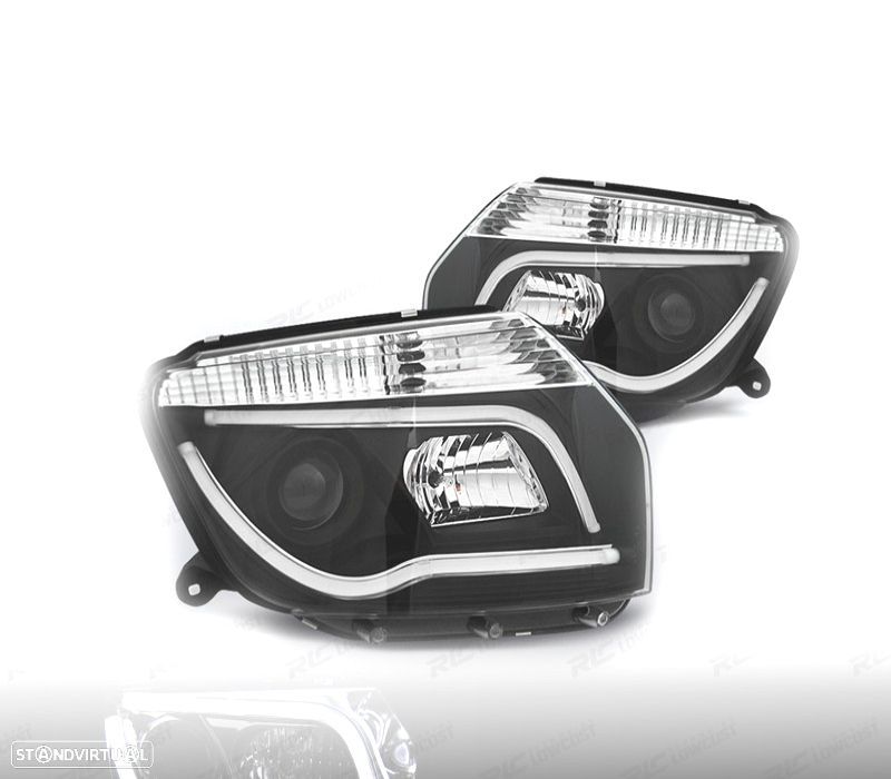 FARÓIS FRONTAIS DACIA DUSTER 10-13 TUBE LIGHT FUNDO PRETO - 1