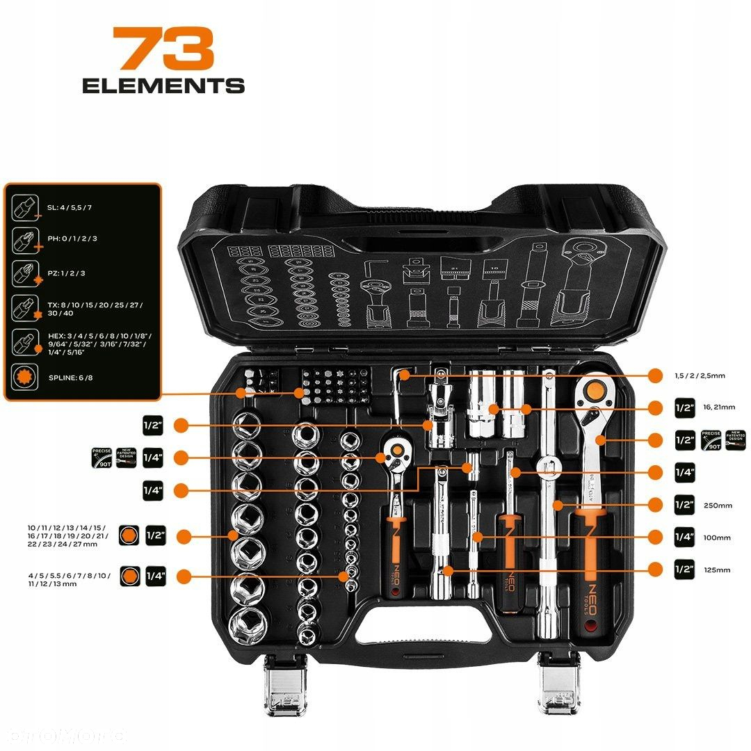 NEO ZESTAW KLUCZY NASADOWYCH 73E 1/2" 1/4" NASADKI BITY SATYNA  TORX 40SZT - 9