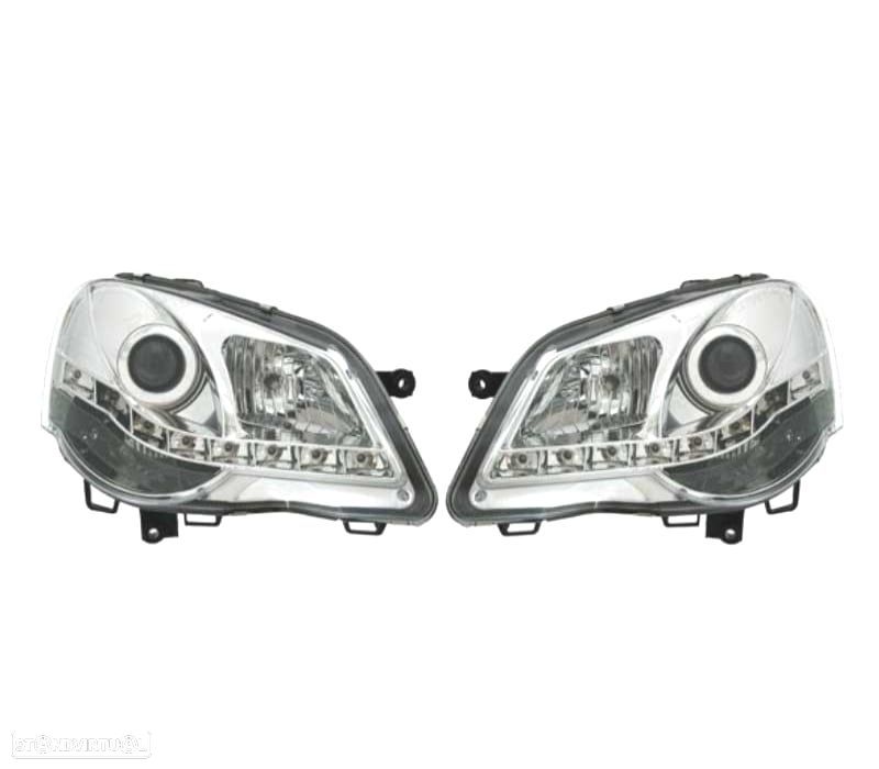 FARÓIS FRONTAIS COM LUZ DIURNA LED PARA VOLKSWAGEN VW POLO 9N3,05-09FUNDO CROMADO - 1