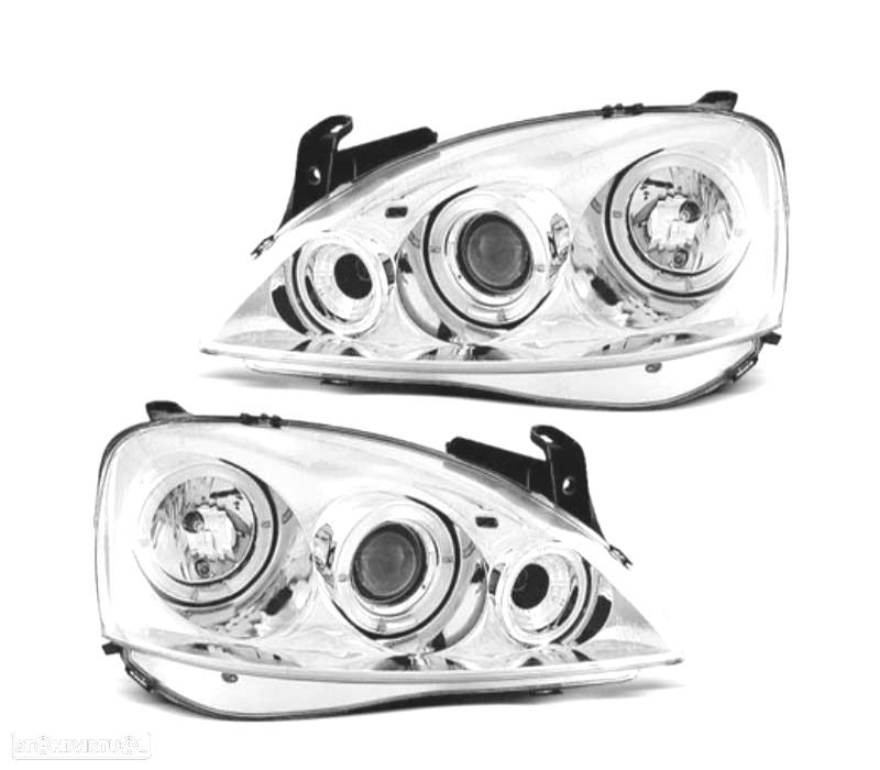 FARÓIS OPEL CORSA C 00-06 OLHOS DE ANJO FUNDO CROMADO - 1