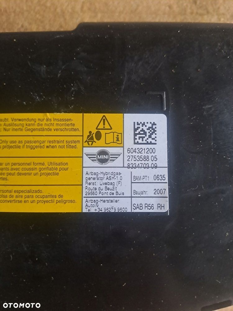 mini cooper r56 06-13r poduszka airbag fotela prawy przód 8334703 - 2