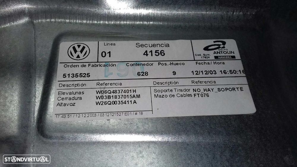 ELEVADOR DE VIDRO FRONTAL ESQUERDO VOLKSWAGEN POLO 2004 -6Q4837401H - 2