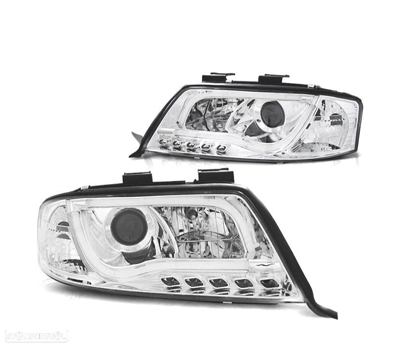 FARÓIS COM LUZ DIURNA LED TFL AUDI A6 4B 97-01 FUNDO CROMADO - 1